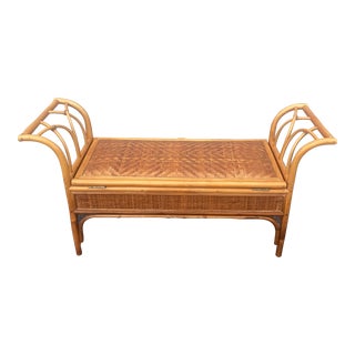 1980s Vintage Woven Wicker & Rattan Bench With Storage For Sale