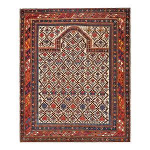 1890s Ivory Diamond Antique Caucasian Shirvan Prayer Rug 4' X 4'8" Knotted Wool Carpet