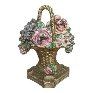 Antique Hubley Roses & Forget Me Nots Flower Basket Doorstop or Bookend For Sale