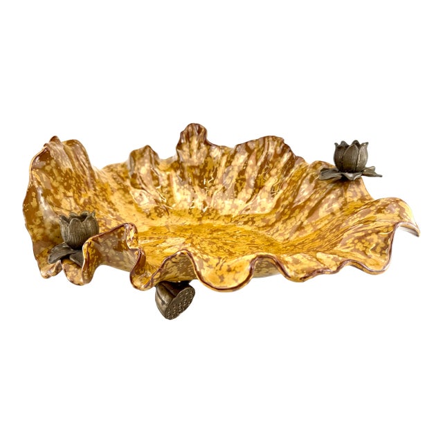 Vintage Mid Century Castilian Imports Ruffled Ceramic Lotus Bowl With Bronze Accents For Sale