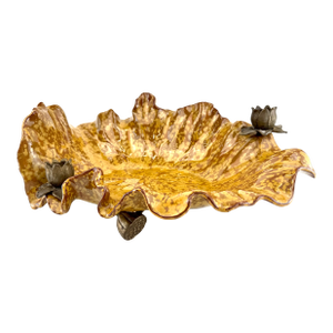 Vintage Mid Century Castilian Imports Ruffled Ceramic Lotus Bowl With Bronze Accents