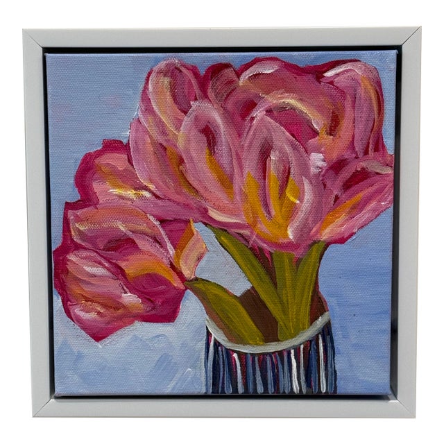 Modern Abstract Floral Folk Art Acrylic Painting on Canvas, Signed, Framed, Dated For Sale