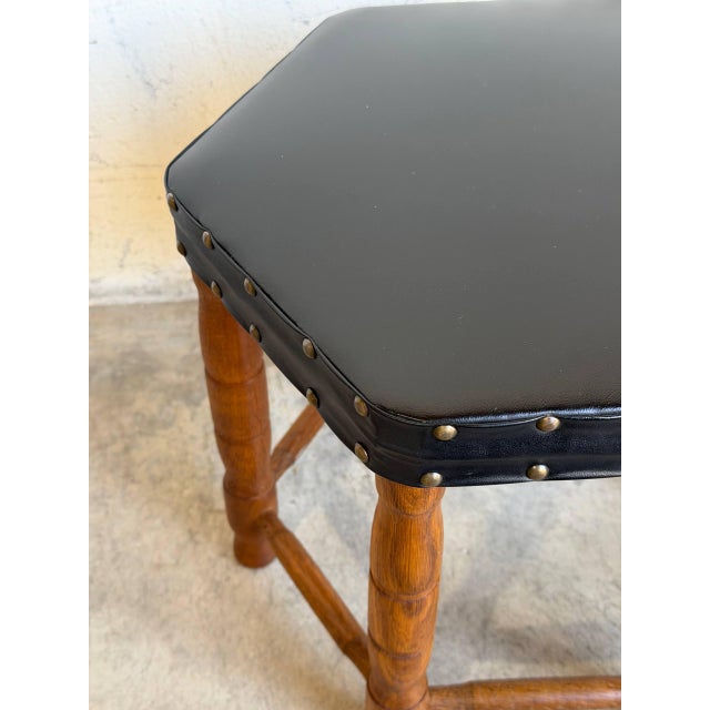 Mid-Century Modern Black Leather Hexagonal Ottoman With Wooden Legs Danish Mid-Century Modern 1970s For Sale - Image 3 of 9