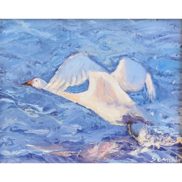 Snow Goose Taking Flight Lake Oil Painting by Sean Wu Including Antiqued Gold Wood Frame For Sale In Los Angeles - Image 6 of 10