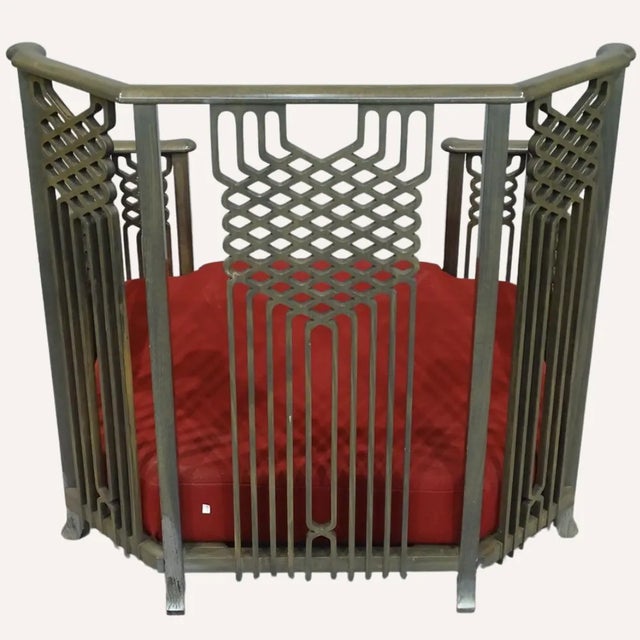 Grey lacquered beech wooden lounge or club chair by Giorgetti (marked) in a chinoiserie style with red fabric seat. Model...