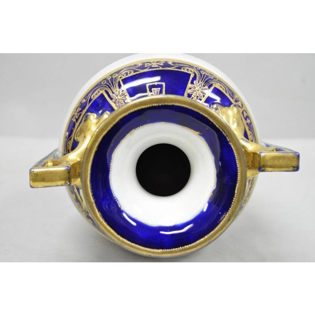 Antique Nippon Hand Painted Cobalt Blue Porcelain Twin Handle Bolted Urn Vase For Sale - Image 14 of 18