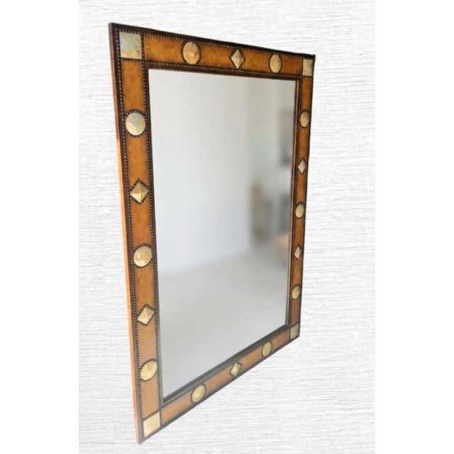 Animal Skin ​vintage Grand Scale Studded Leather and Mother-of-Pearl Inset Wall Mirror For Sale - Image 7 of 12