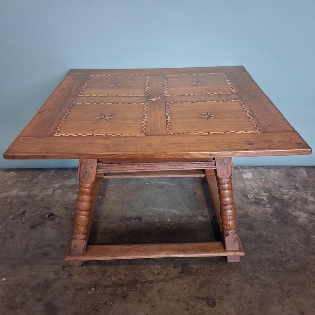 Antique Oak Table with Star Inlays and Double-Sided Drawer, 1800 For Sale - Image 4 of 18