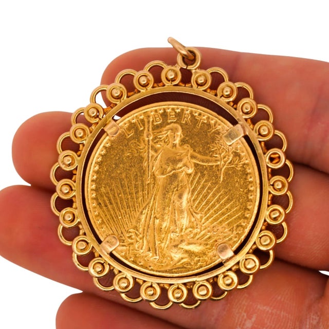Authentic 1924 Lady Liberty 20 dollar gold coin mounted in 14K yellow gold bezel setting creating wearable pendant...