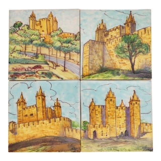 19th Century Set of Four Tiles Depicting Castles, Portuguese For Sale