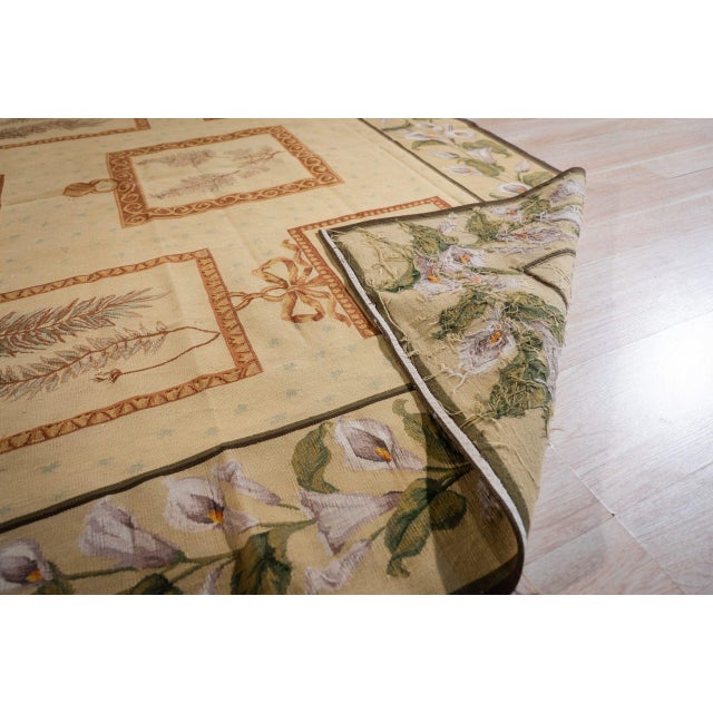 8x10 Vintage Aubusson Flat Weave Wool Rug, Ivory Botanical Panel For Sale - Image 9 of 13