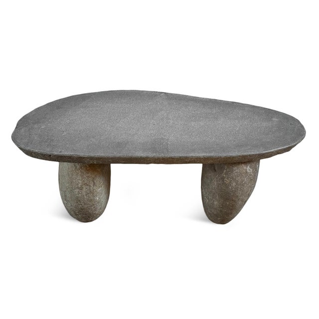 Solid heavy stone boulder outdoor coffee table or bench. Thick slab top and two boulder legs. Smooth polished top with...