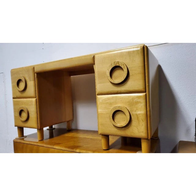 1940s Hard Rock Maple Conant Ball American Modern Art Deco Desk With Round Pulls For Sale - Image 11 of 12