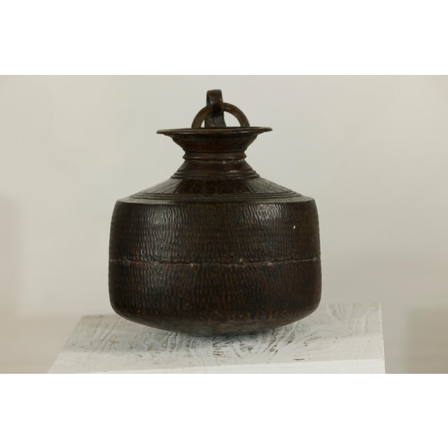 Mid 20th Century Vintage Indian Hand-Tooled Metal Milk Jug with Ring Handle, Mid-20th Century For Sale - Image 5 of 13
