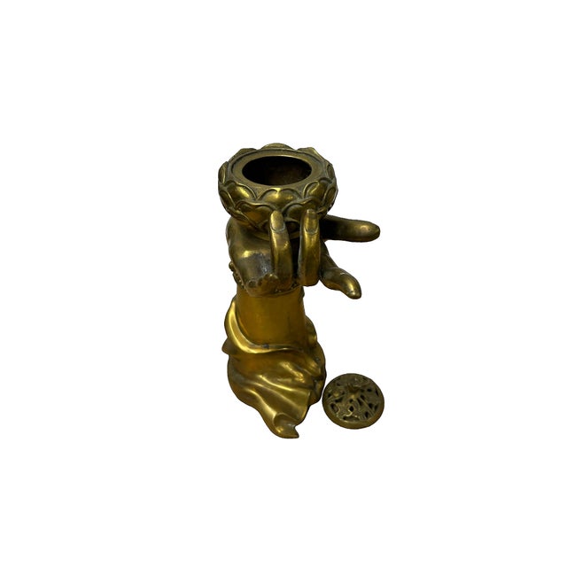 1980s Vintage Brass Metal Color Buddha Hand Lotus Incense Holder Art Figure For Sale - Image 5 of 11