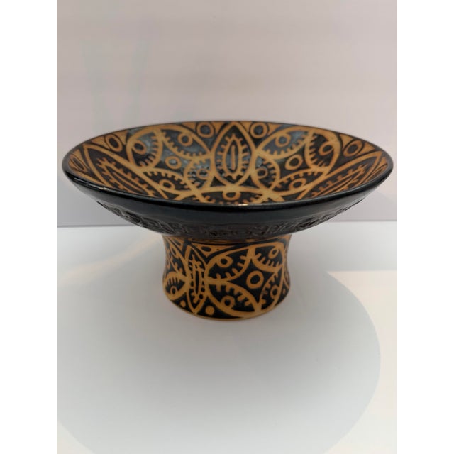 Striking vintage studio pottery pedestal bowl featuring an intricate hand-painted geometric and tribal-inspired motif in...