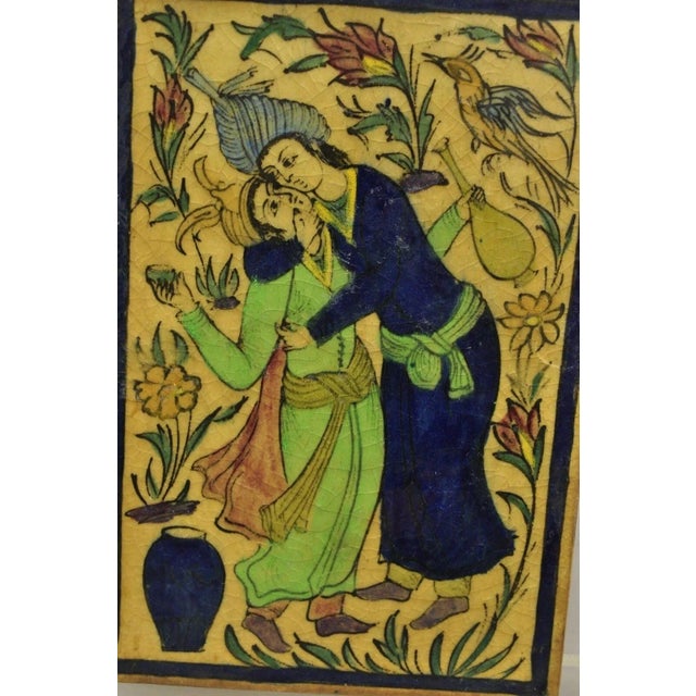 Persian Antique Persian Iznik Qajar Style Ceramic Pottery Tile Blue Man Woman Kissing C2 For Sale - Image 3 of 10