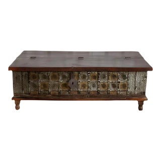 Antique Artisan Crafted Trunk Brass Patina Rustic Carved Chest For Sale
