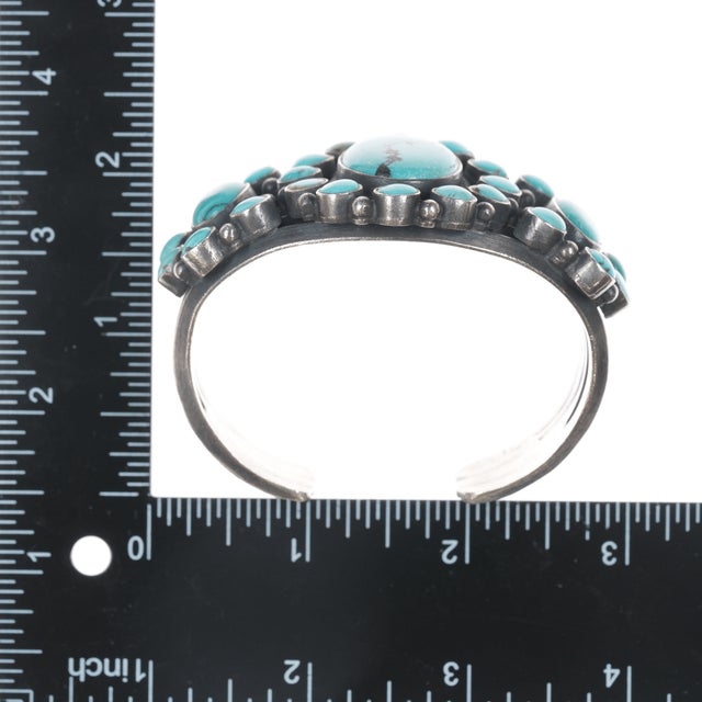 Silver 6.5" Db Heavy Native American Sterling Turquoise Cluster Cuff Bracelet For Sale - Image 8 of 11