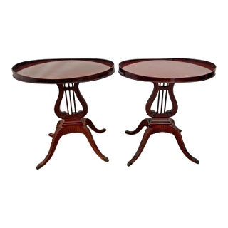 Vintage Mersman Accent Oval Side Tables, Lyre Harp Base, Mahogany Set of Two For Sale