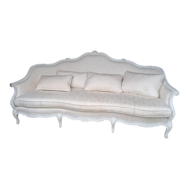 Ralph Lauren Home–Style Louis XV Carved Wood Sofa in Ivory Damask For Sale