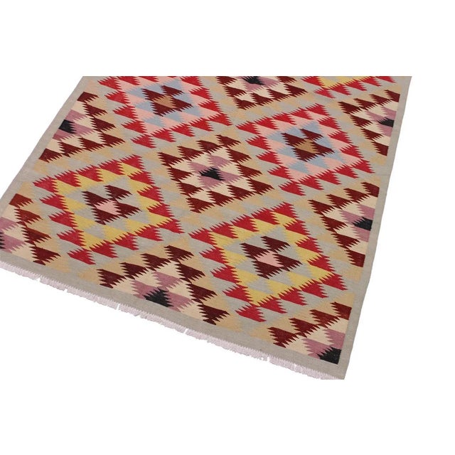 Contemporary Geometric Kilim Red Hand-Woven Wool Rug -4′8″ × 6′4″ For Sale - Image 3 of 8