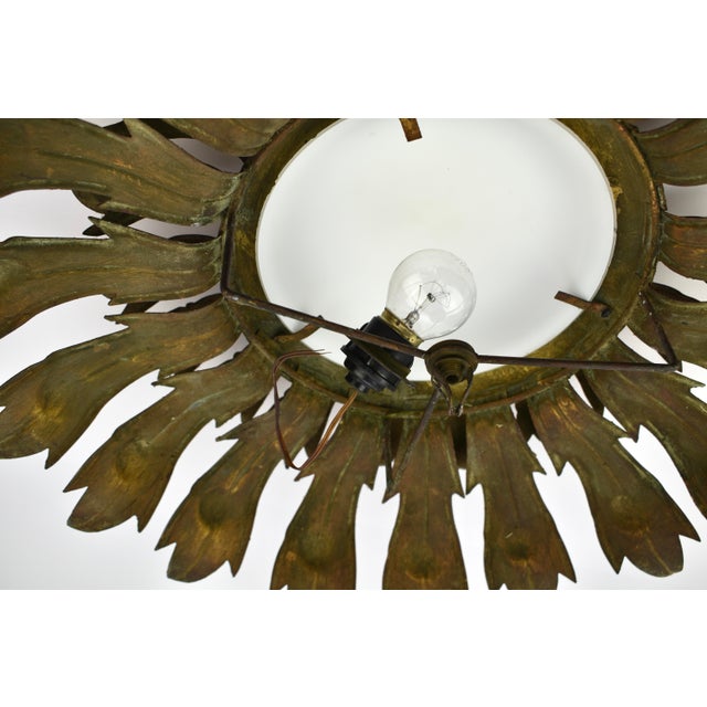 1950s Mid Century Gilded Spanish Sunburst Flush Mount With Green Patina For Sale - Image 13 of 13