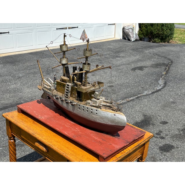 Late 19th C. American Primitive Folk Hand-Crafted Battleship Model on Base For Sale - Image 4 of 17
