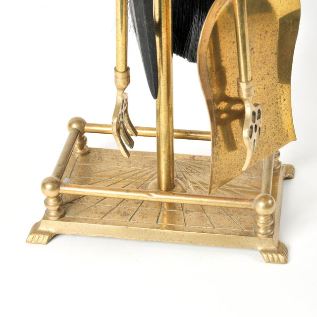 Art Deco Vintage Brass Fireplace Tool Set 4-Piece Set With Art Deco Stand For Sale - Image 3 of 15