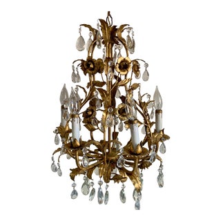 Vintage 1960s French/Italian Gold Gilt 6 Arm Chandelier With Gilt Florets and Crystals Prisms For Sale