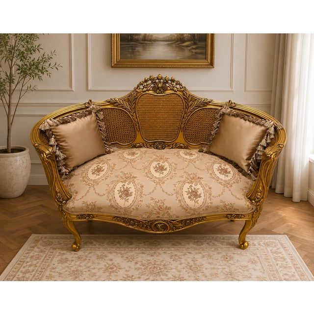 Add a touch of timeless French elegance to your interior with this exquisite Louis XV–style settee. Featuring an ornate...