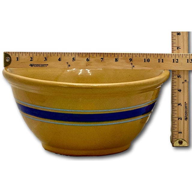Antique Thick Yellow Ware 12 Inch Kitchen Mixing Bowl With Unusual 2 Color Blue Banded Decoration - Late 1800s. For Sale - Image 17 of 18
