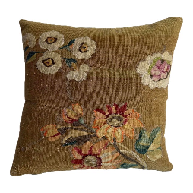 1850s Aubusson French Tapestry Pillow With Floral Bouquet For Sale