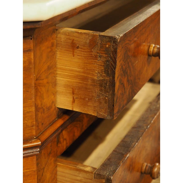 Antique French Burl Walnut Louis Philippe Style Commode White Carrara Marble Top, Late 1800s For Sale - Image 13 of 18