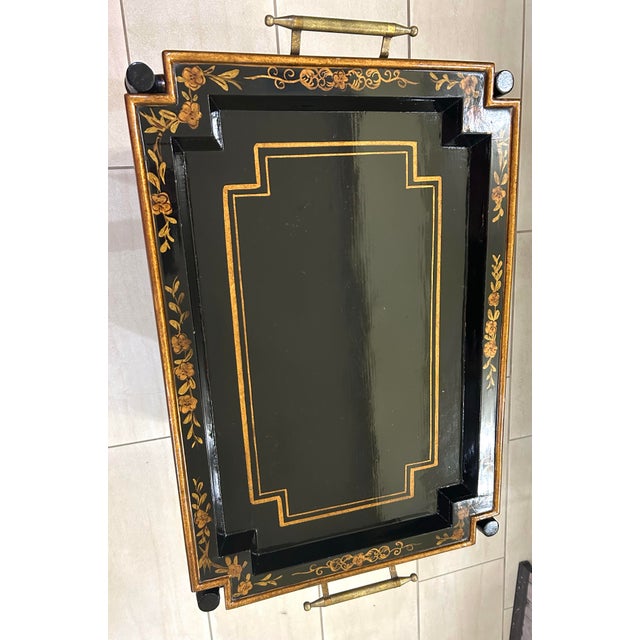 Late 20th Century Vintage Chinoiserie Tiered Coffee Table With Serving Tray and Gold Metal Handles, Tiers Lined With Woven Cane, Faux Bamboo Legs and Floral Motifs For Sale - Image 5 of 12