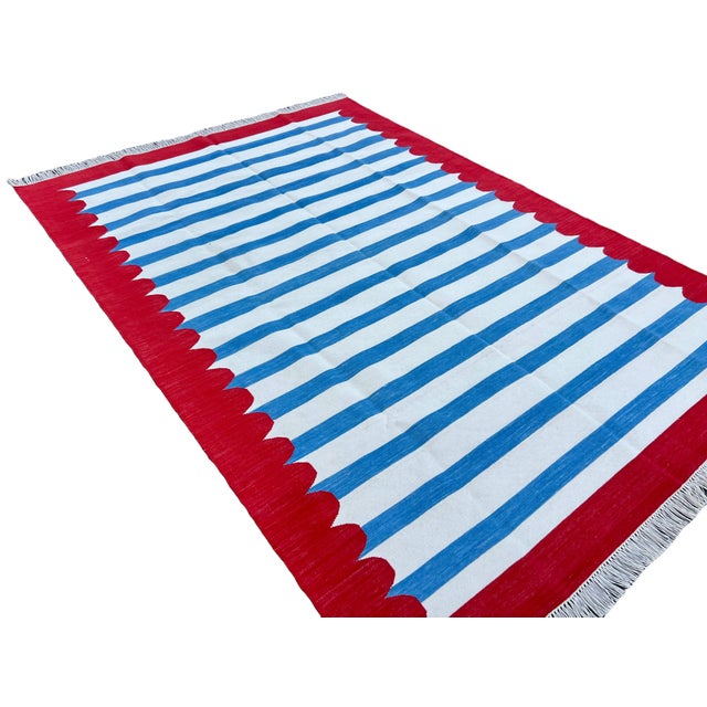 Not Yet Made - Made To Order Handmade Cotton Area Rug, Blue and White Striped Scalloped Rug With Red Border - 3'x5' For Sale - Image 5 of 13