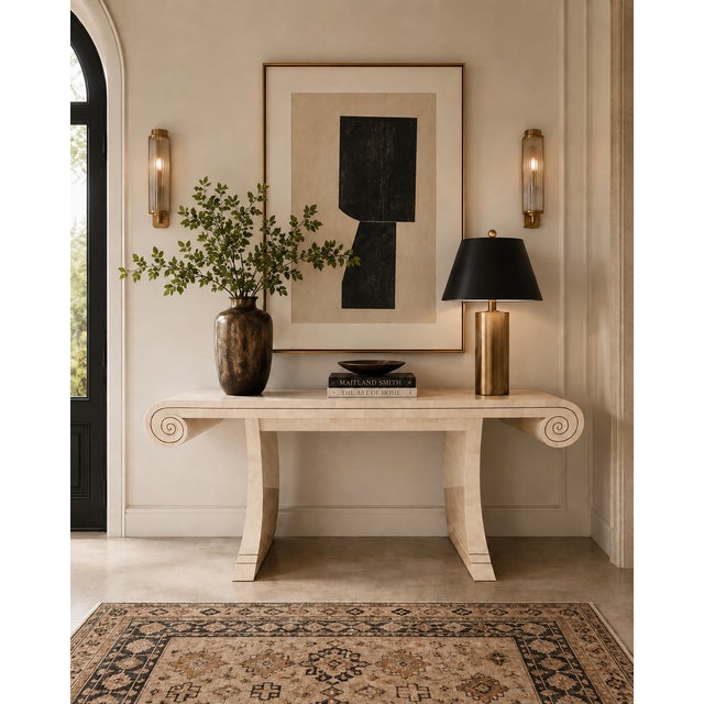 Stunning vintage Maitland Smith statement Postmodern tessellated stone console with brass inlay and iconic scroll...