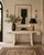 Stunning vintage Maitland Smith statement Postmodern tessellated stone console with brass inlay and iconic scroll...