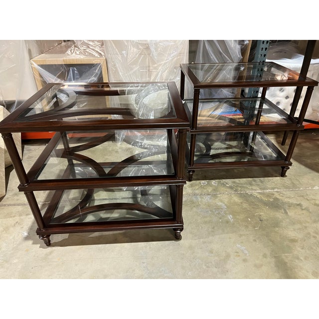 Traditional Attributed Theodore Alexander Glass and Wood 3 Shelf End Table For Sale - Image 3 of 7