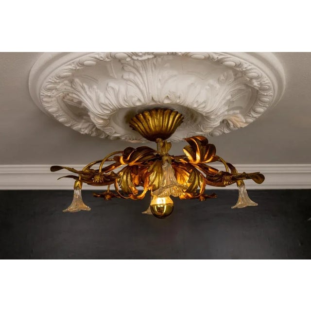 Gold Italian Hollywood Regency Gilt Metal and Glass Flower Ceiling Light, 1970s For Sale - Image 8 of 18