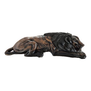 Late 20th Century Kenyan Hand-Carved Hardwood Reclining Lion Sculpture For Sale