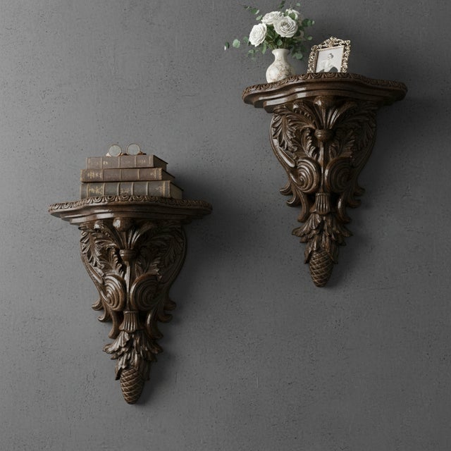 Pair of Vintage Baroque Wall Corbels • Large Baroque Acanthus Leaf & Pineapple Wall Shelves Grand Scale Architectural...
