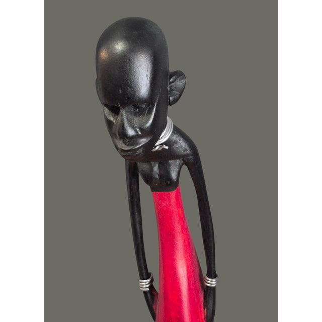 Late 20th Century African Figural Couple Carved Painted Wood Tribal Maasi Statuettes For Sale - Image 5 of 10