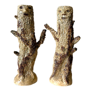 Late 20th Century Tree Face Figurative Pottery Folk Art Candleholders: A Pair