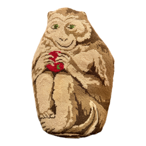 Vintage Needlepoint Monkey Pillow Figural Hand Stitched Accent Pillow 13” X 9.5”