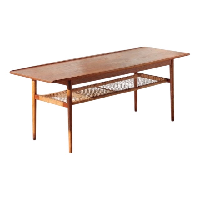 Vintage Danish Coffee Table in Teak and Rattan, 1960s For Sale