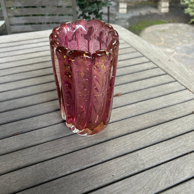 Glass Murano Plum Lotus Vase With Gold Leaf Flecks and Bubbles For Sale - Image 7 of 13
