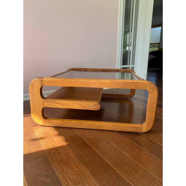 1970s Vintage Square Oak and Glass Coffee Table Mersman Waldron