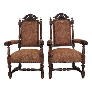 Vintage Spanish Revival Carved Wood Armchairs (Set of 2) For Sale