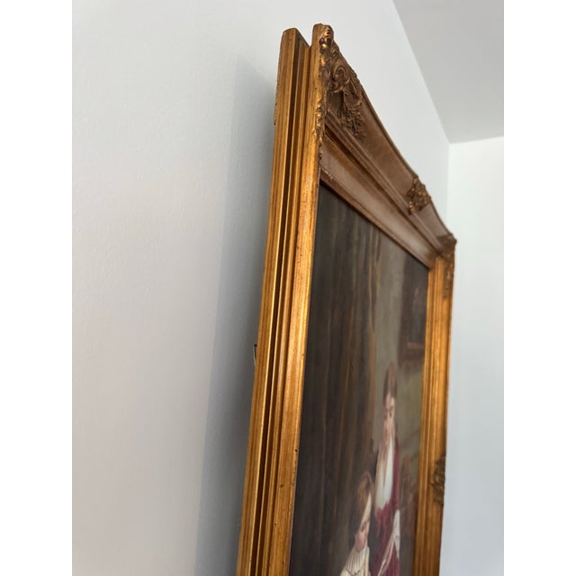 Burgundy Large Signed Vintage Oil Painting Mother & Child Reading Genre Scene Gilt Frame For Sale - Image 8 of 9